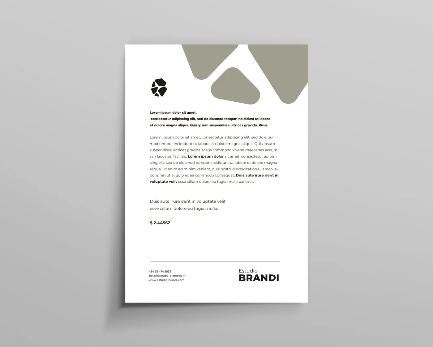 Mockup de hoja membretada de Estudio Brandi con isotipo y paleta de tierras
