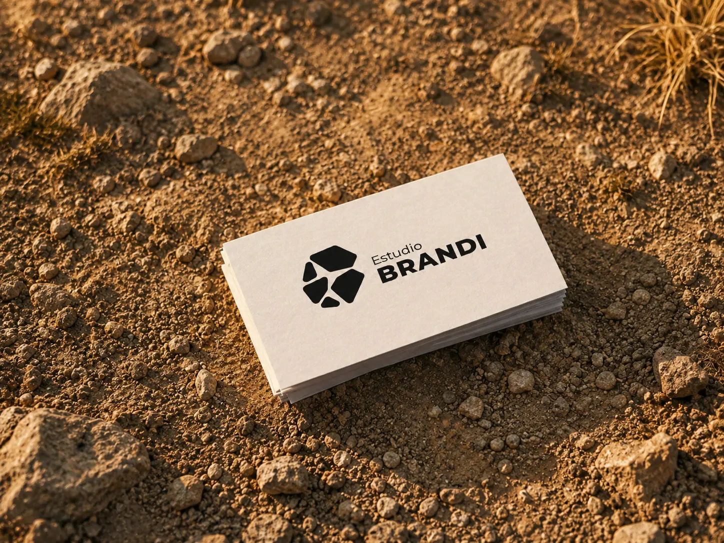 Tarjetas personales apiladas con el isotipo de Estudio Brandi